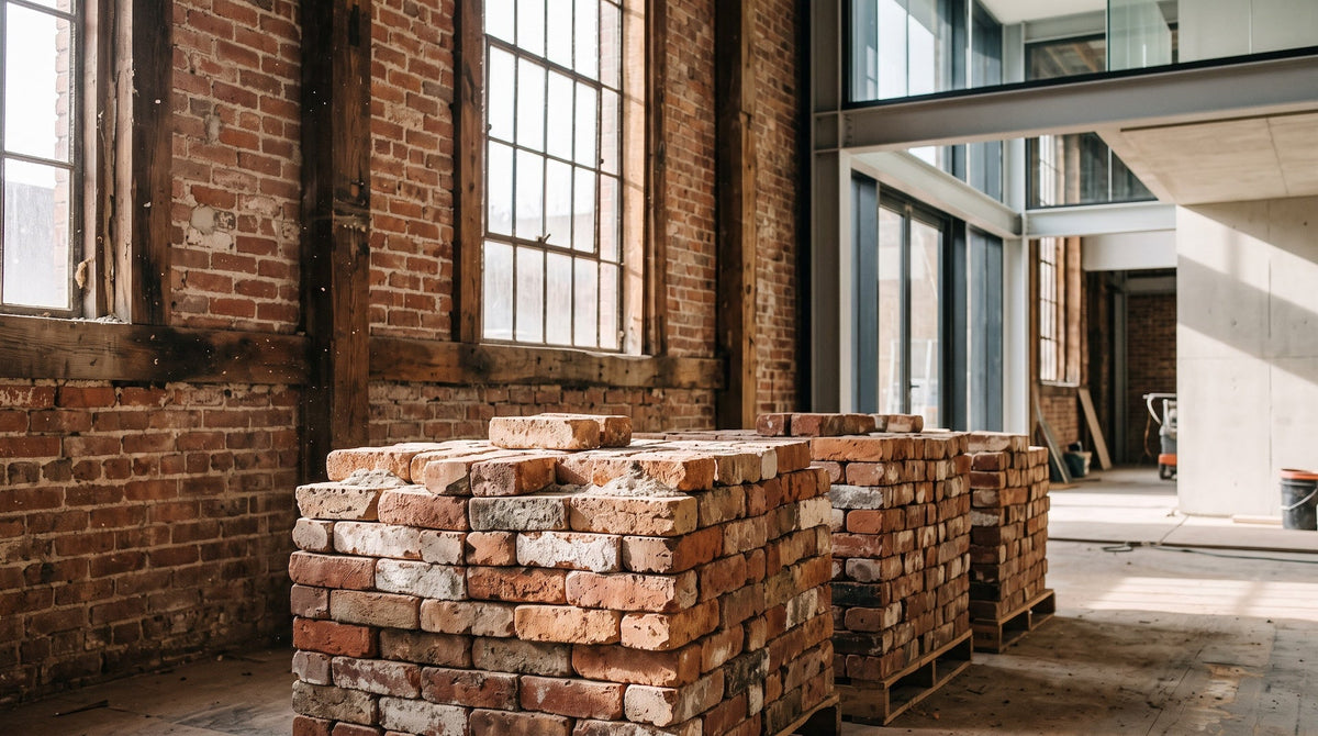 Pallets of salvaged bricks inside an old brick building with tall windows and new glass and concrete work.