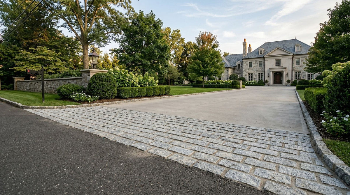 Granite Belgian block driveway apron flaring wide where it meets the street
