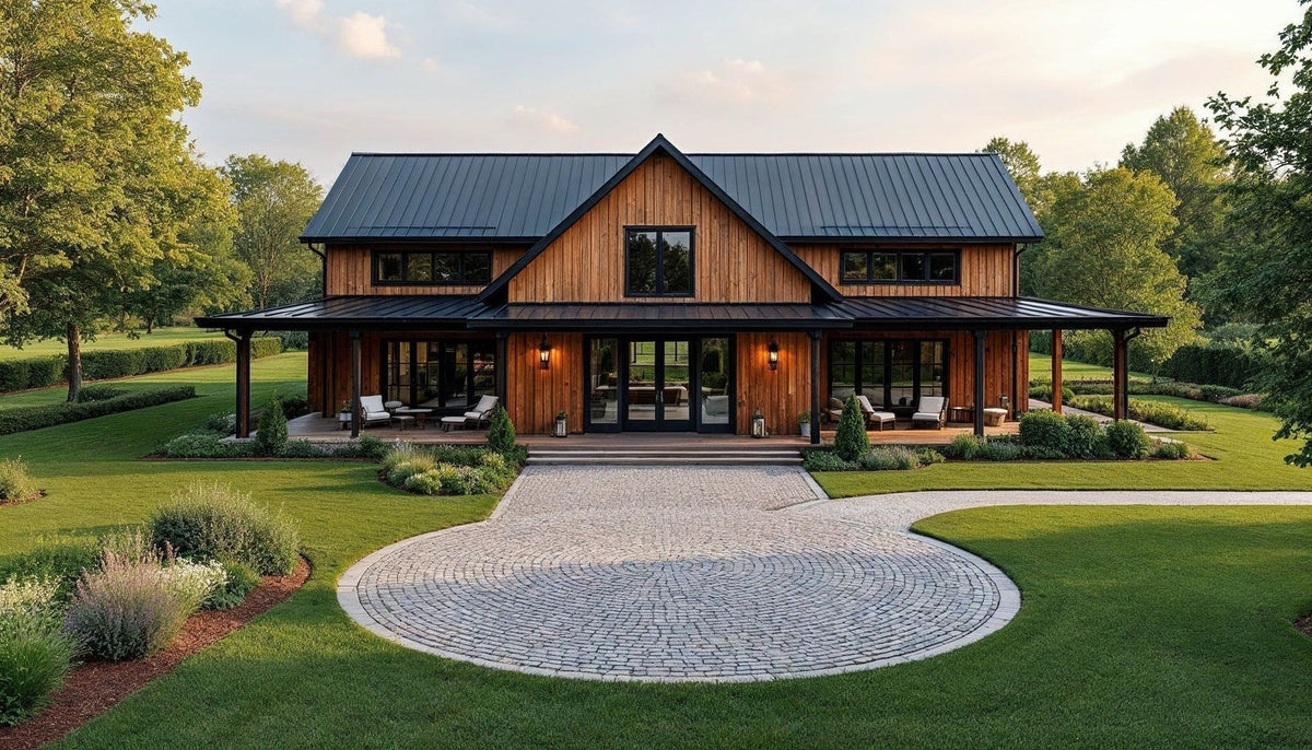Circular granite Belgian block driveway court in front of a timber farmhouse with a wraparound porch