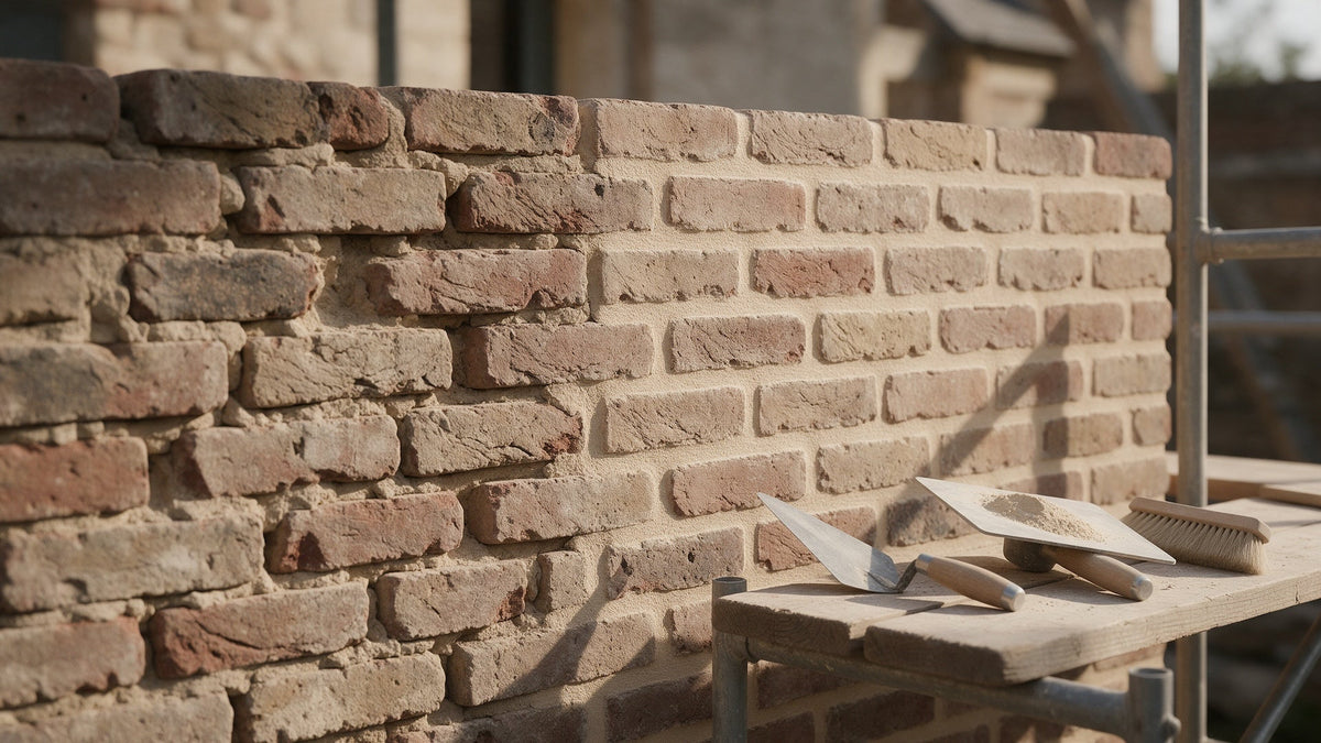 Freshly pointed brick wall beside a scaffold board with trowels and pointing tools
