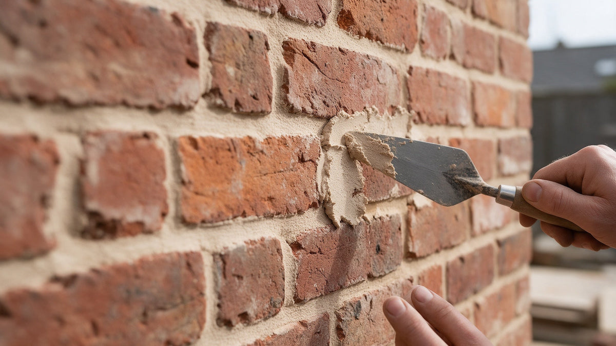 Mason pressing lime mortar into the joints of a red brick wall with a pointing trowel