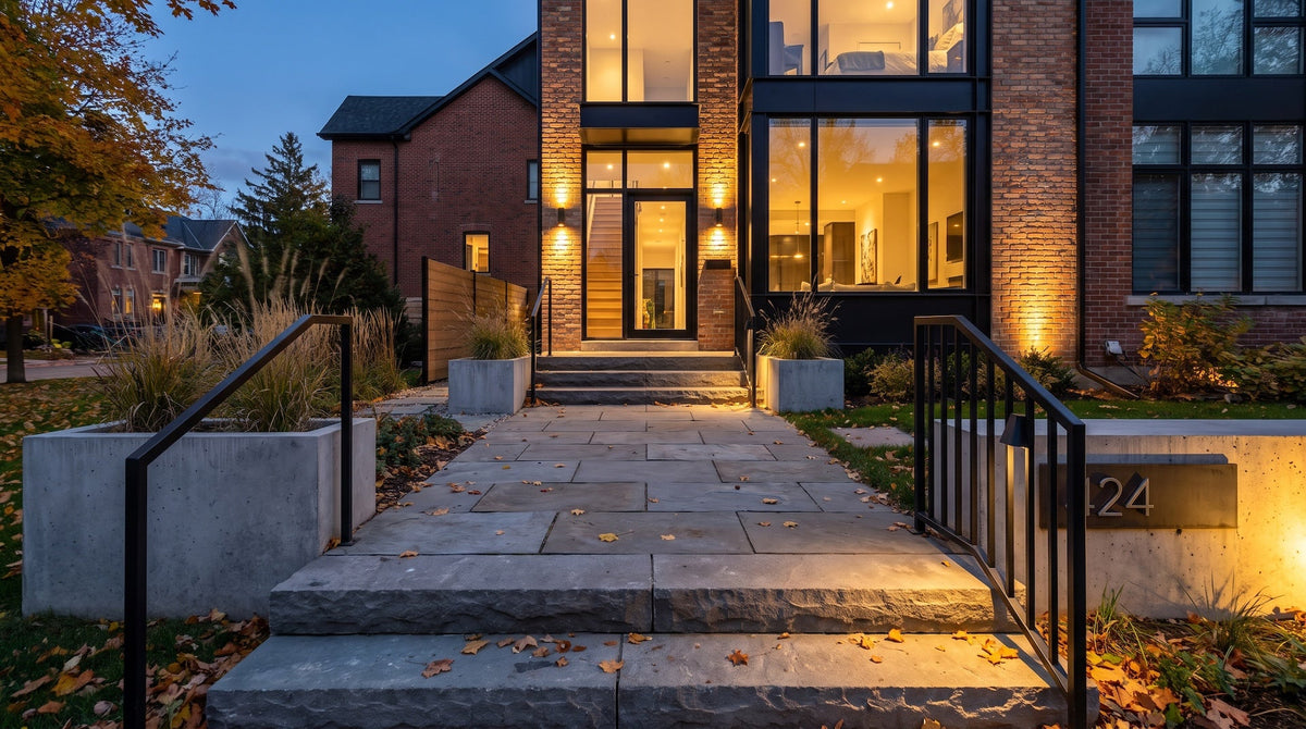 Reclaimed bluestone front walk and curbstone steps with fallen autumn leaves, leading to a brick house at dusk