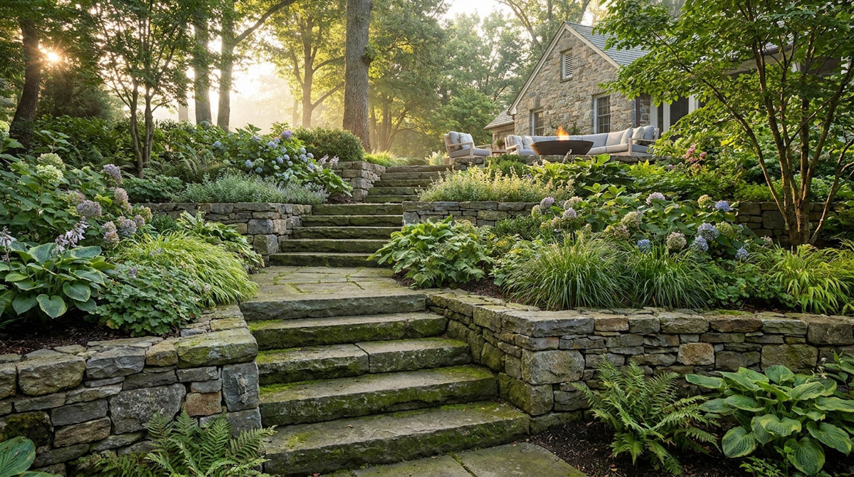 Reclaimed bluestone steps climbing a terraced garden between dry-stacked stone walls, ferns and hydrangeas, up to a stone house and patio