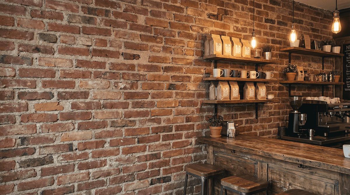 Coffee shop with a reclaimed brick wall, open shelving and pendant lights