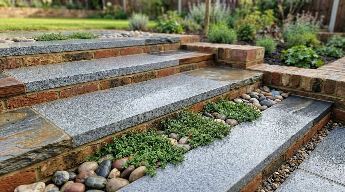 Granite steps with mixed textures set between river stones and garden plantings