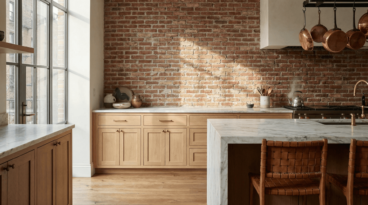 Kitchen backsplash wall in reclaimed thin brick above oak cabinets and a marble island