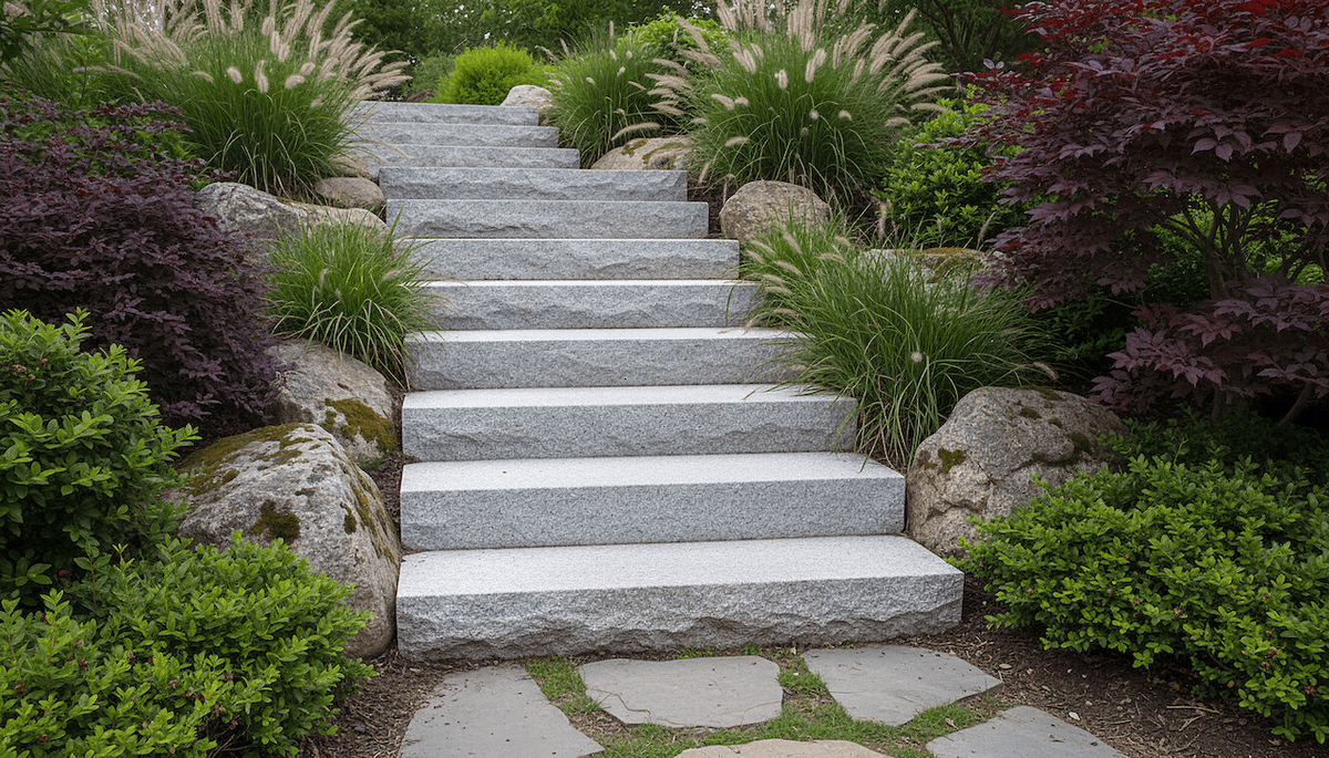 Natural stone staircase climbing a planted slope