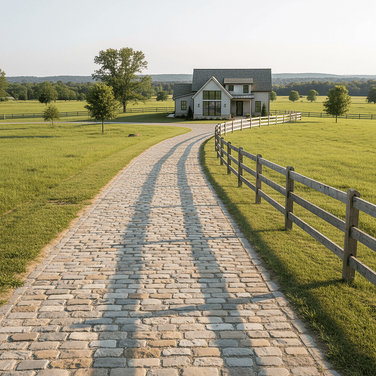 Long reclaimed cobblestone driveway beside a wood fence leading to a modern farmhouse