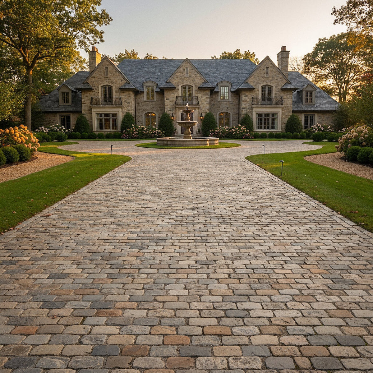 Reclaimed cobblestone driveway leading to a stone country mansion
