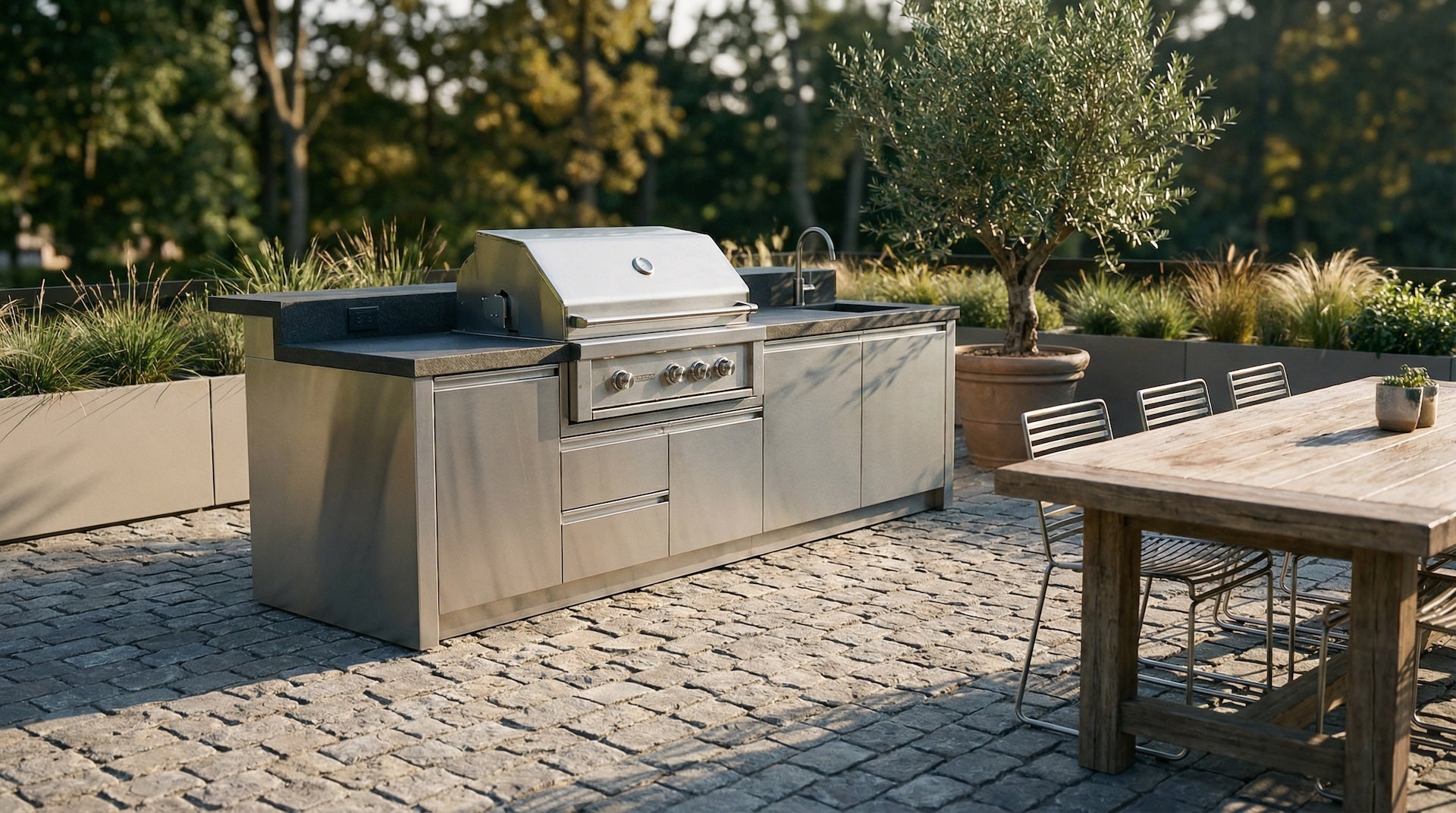 Thin stone pavers in outdoor kitchen from reclaimed jumbo cobblestones