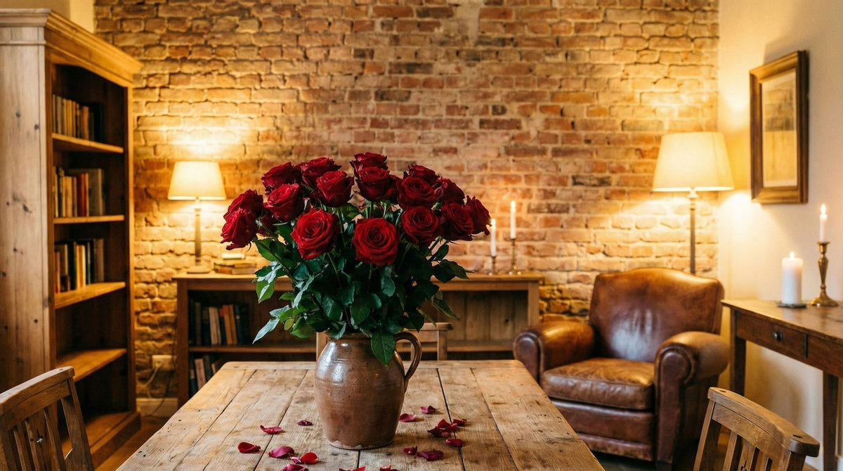Vase of red roses on a table in a cozy reading room with a reclaimed brick wall