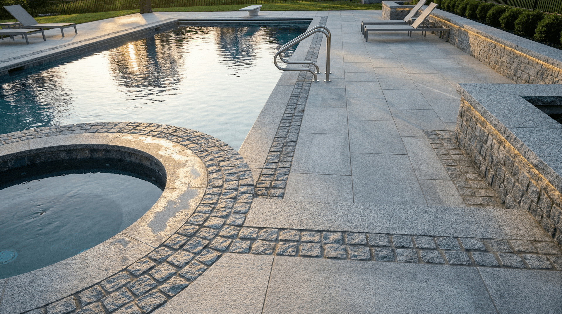 Chief bricks outdoor-pool-deck-and-spa-area-belgian blocks and granite pavers