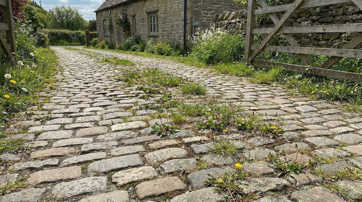 Old cobblestone farm driveway with weeds and grass growing between the stones