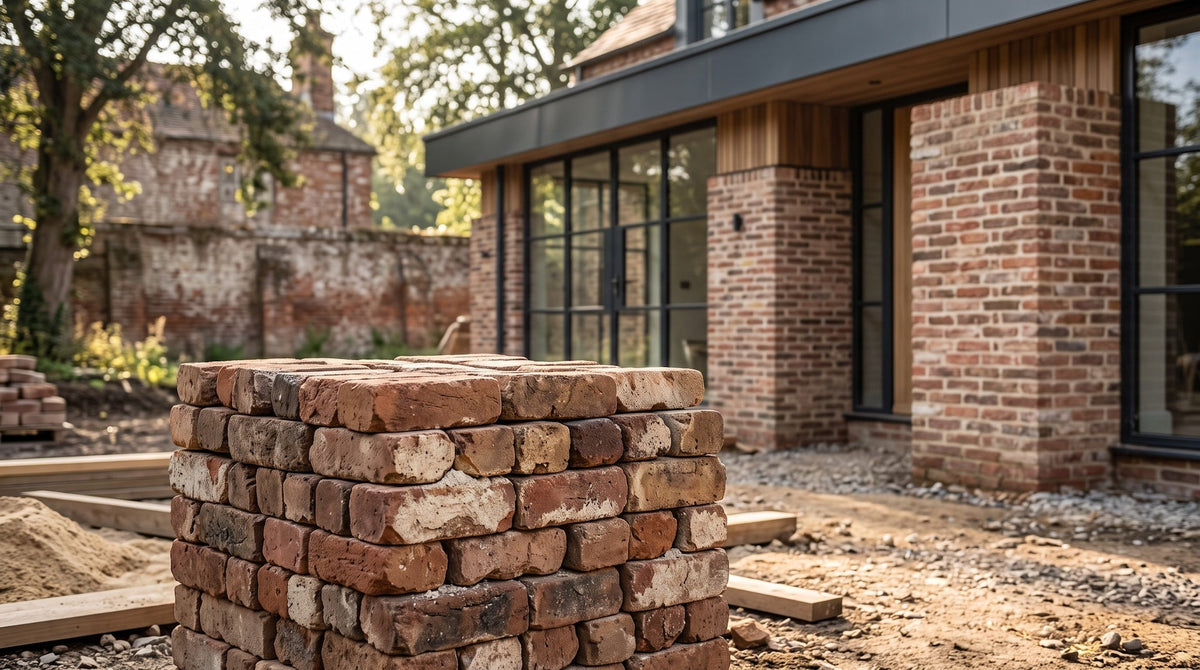 Stack of weathered bricks in front of a new house with brick piers and large black-framed windows.