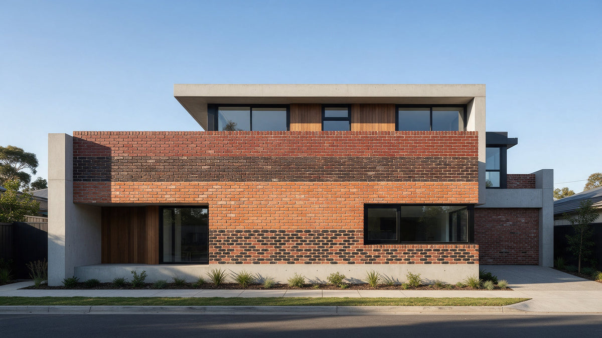 Modern two-story house with bands of red, dark and orange brick between concrete walls and black-framed windows.