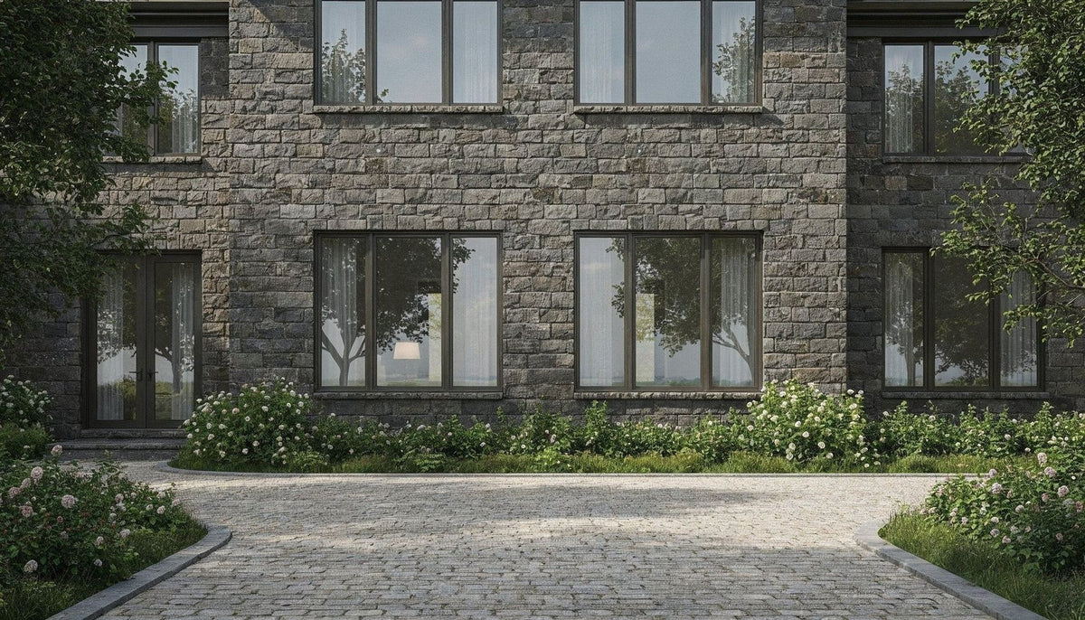 Modern house clad in thin cobblestone wall veneer with a gravel driveway