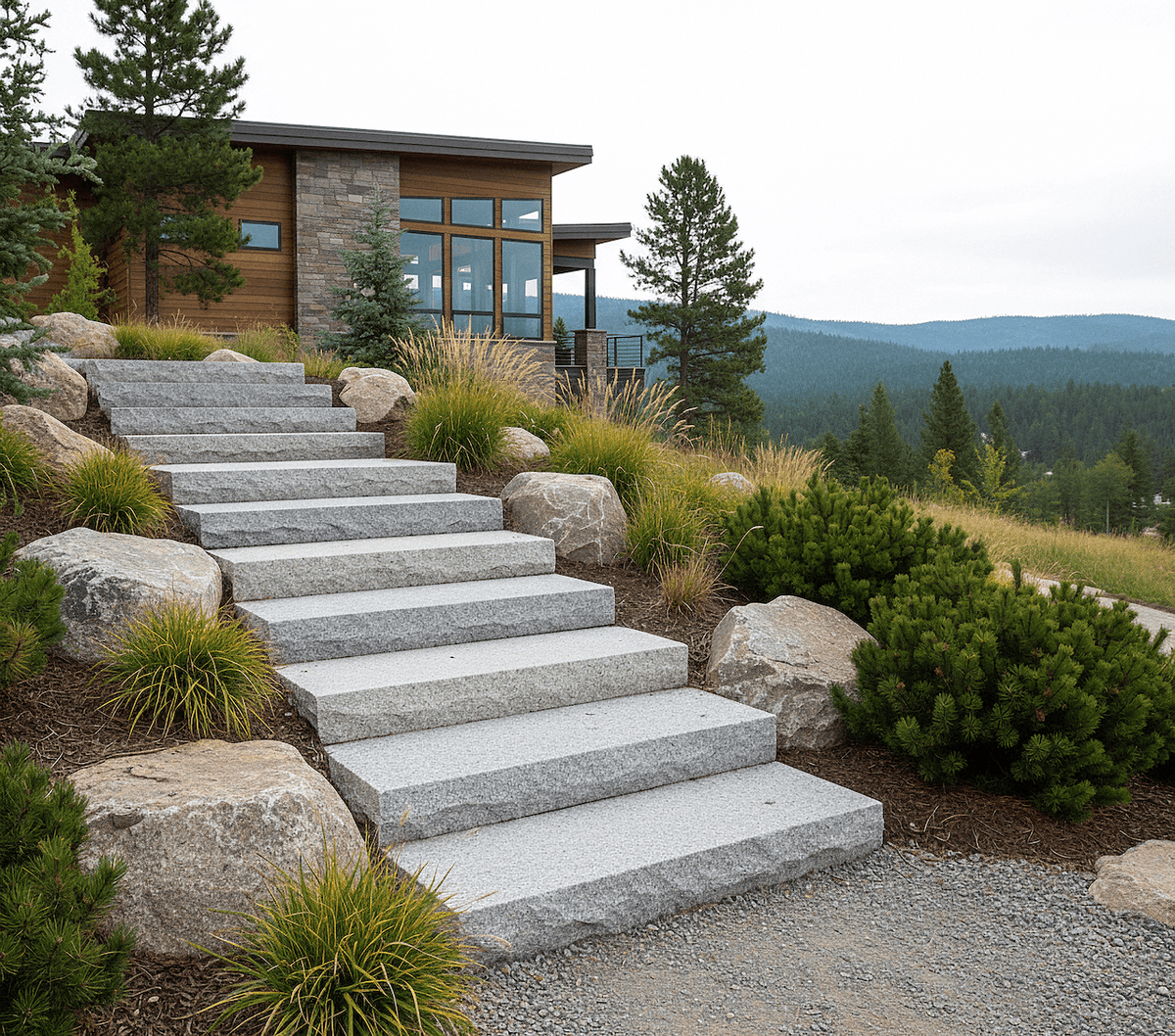 Granite steps and treads with speckled texture for modern landscaping