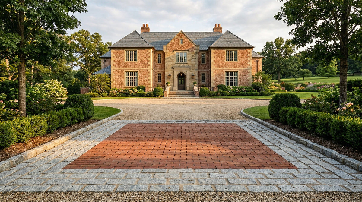 Outdoor reclaimed brick and stone materials for mansion driveway and facade