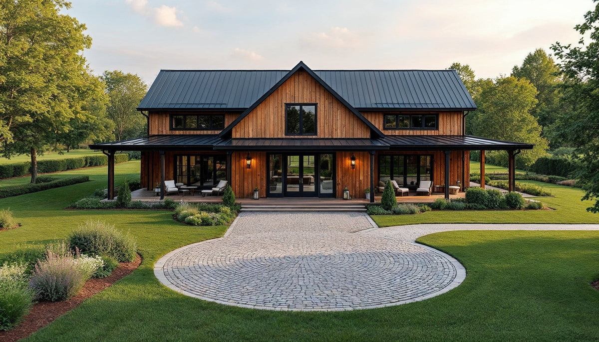 Belgian block paver driveway for modern farmhouse landscaping