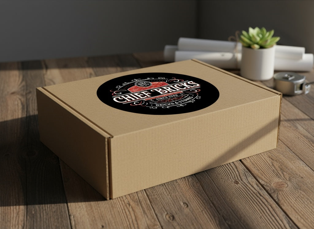 Chief Bricks bricklaying shipping box with branded sticker on wooden table