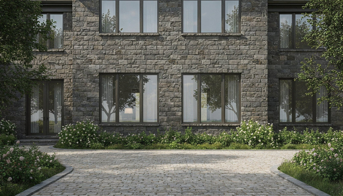 Grey reclaimed thin stones on two-story building facade with white flowering bushes