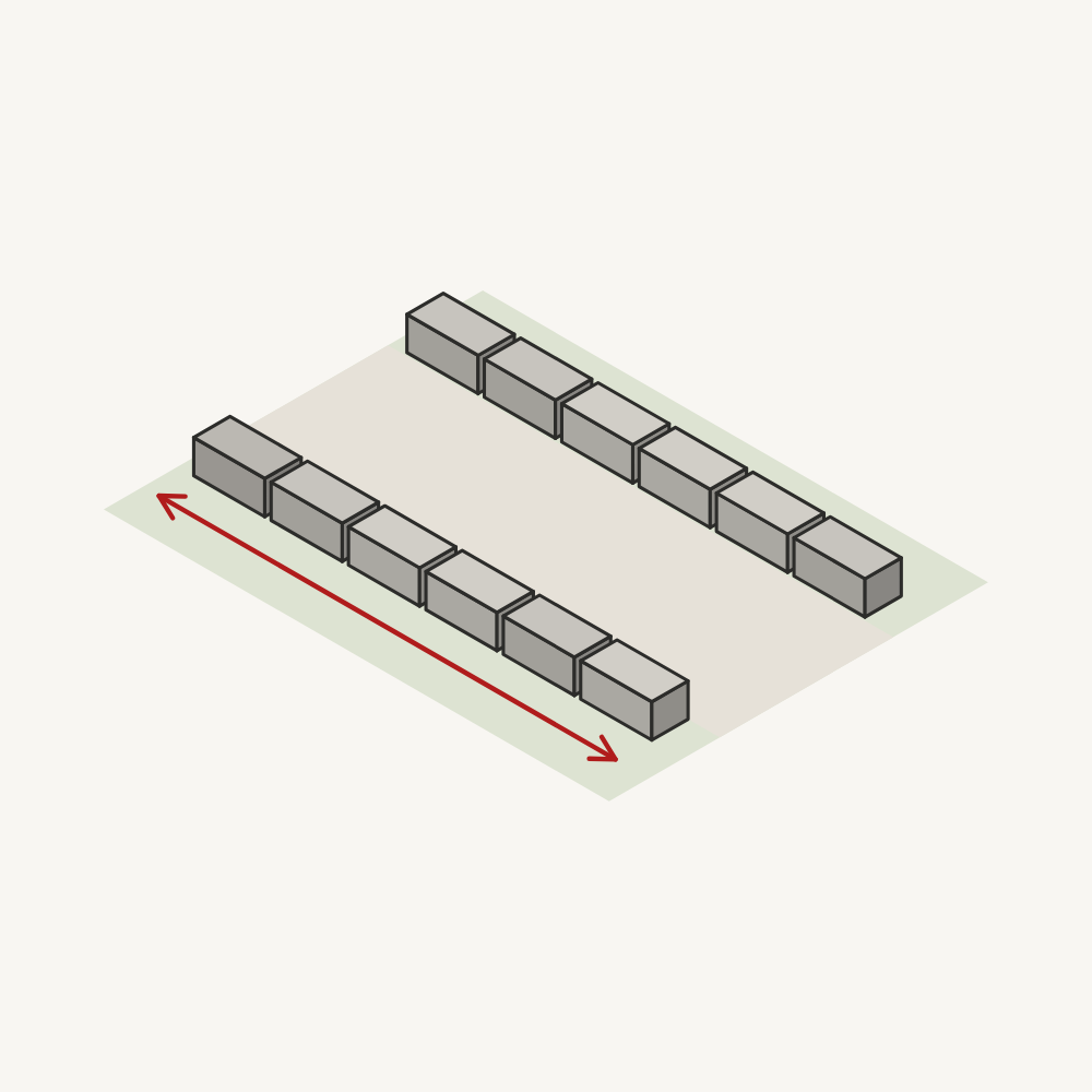 3D drawing of two parallel rows of gray stone blocks with an arrow showing the length of a row.