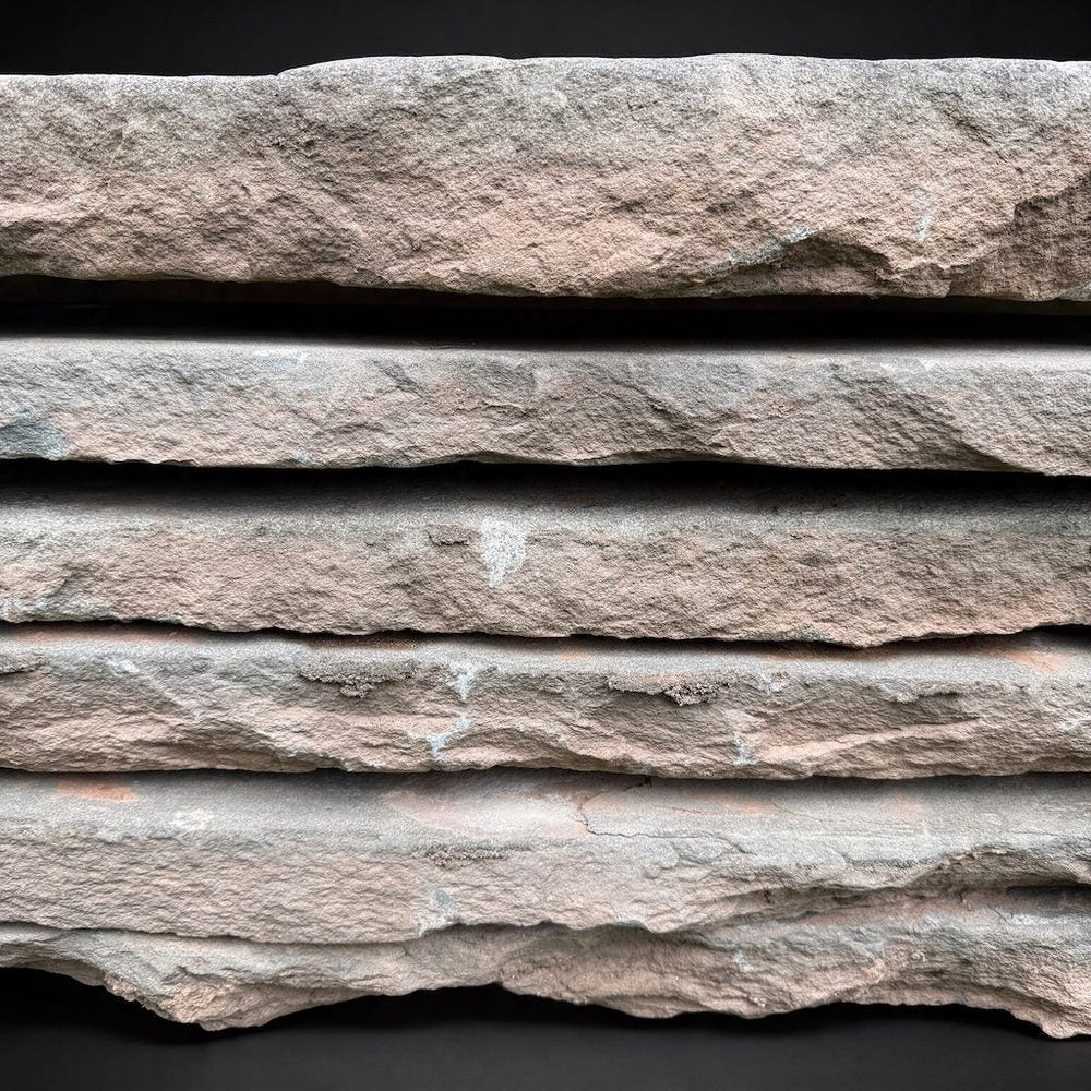 Macro detail of stacked bluestone slab edges revealing mineral tones
