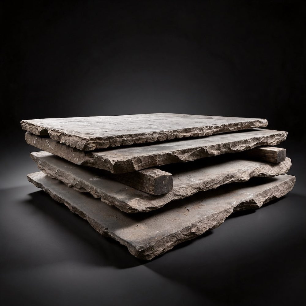 Stack of reclaimed bluestone sidewalk slabs with rough chiseled edges
