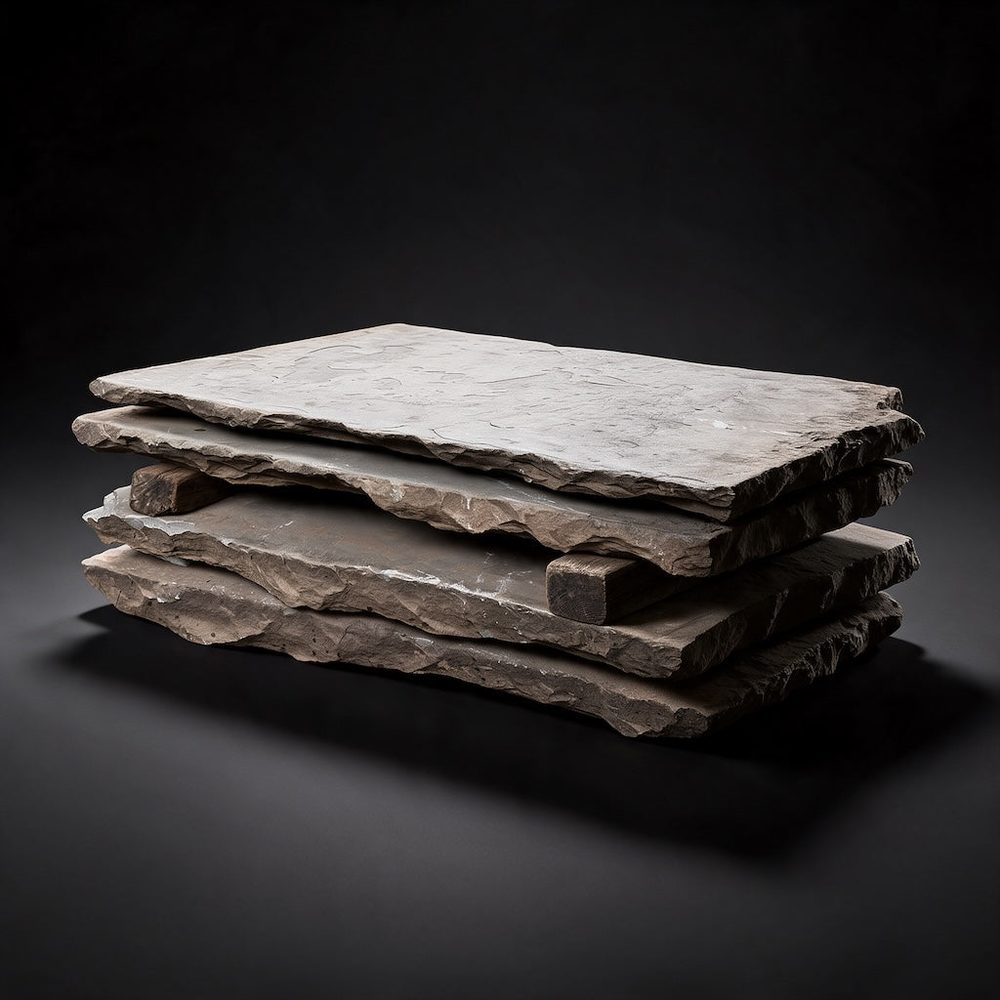 Stack of rectangular reclaimed bluestone slabs separated by spacers