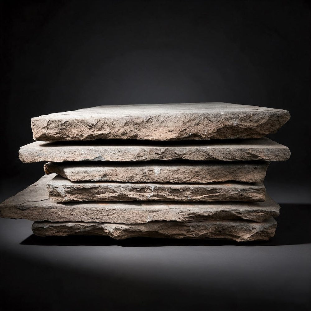 Side view of thick bluestone pavers showing rugged raw edges