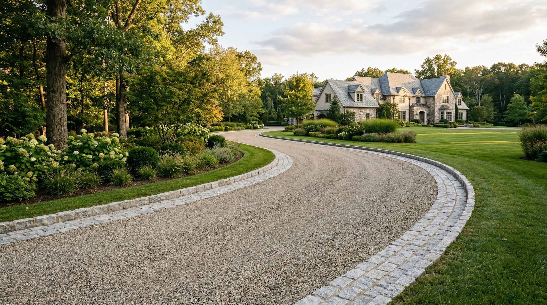 Winding driveway leading to a large house with trees and greenery on a sunny day, belgian block edging.
