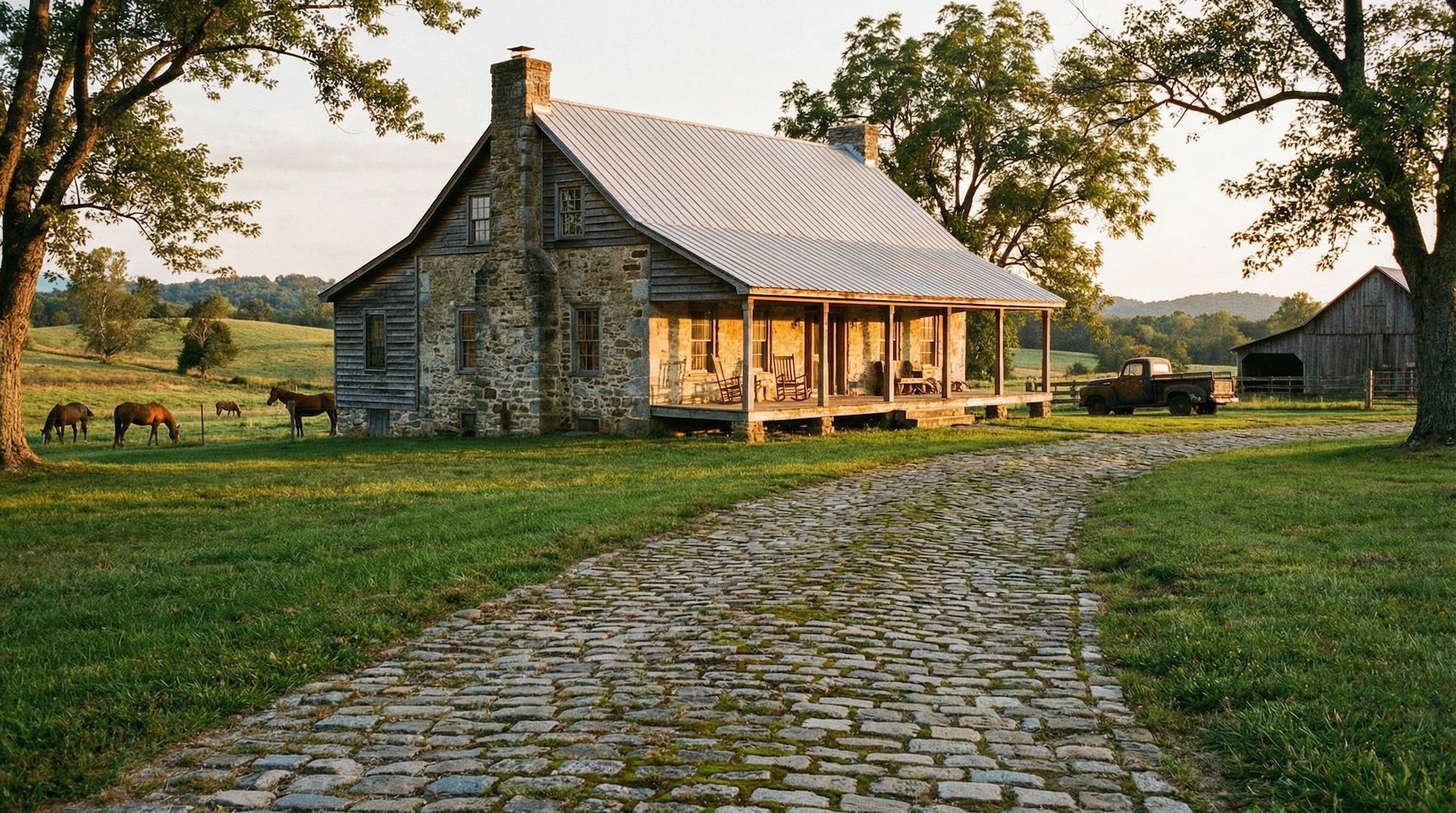 Stone cabin and cobblestone driveway with a covered porch on a grassy field with horses in the background
