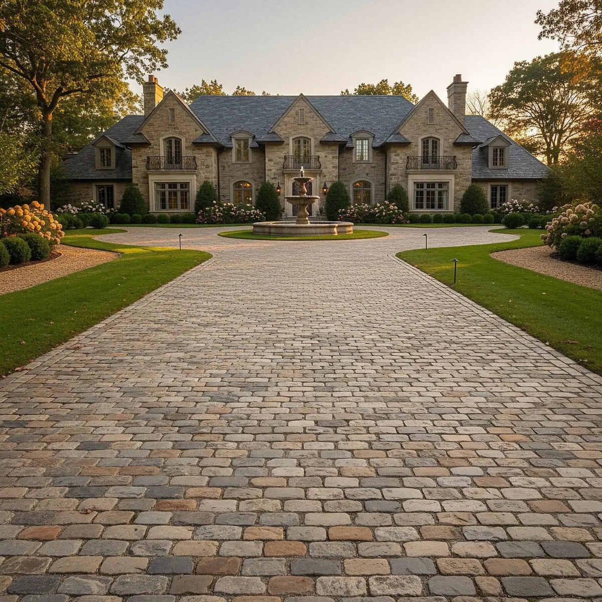 Large mansion with a cobblestone driveway leading up to it