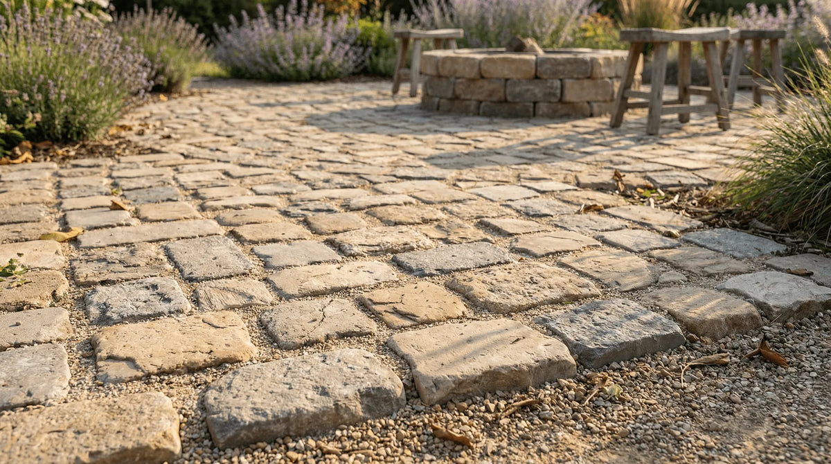 Reclaimed cobblestone garden patio set in gravel, with lavender borders and wooden stools around a stone fire pit