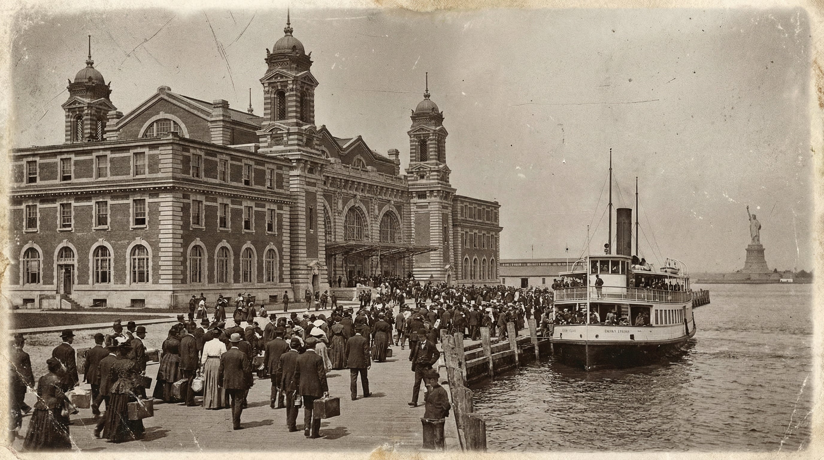 Historical black and white photo of a large building with a crowd on a dock, featuring a ferry and the Statue of Liberty.
