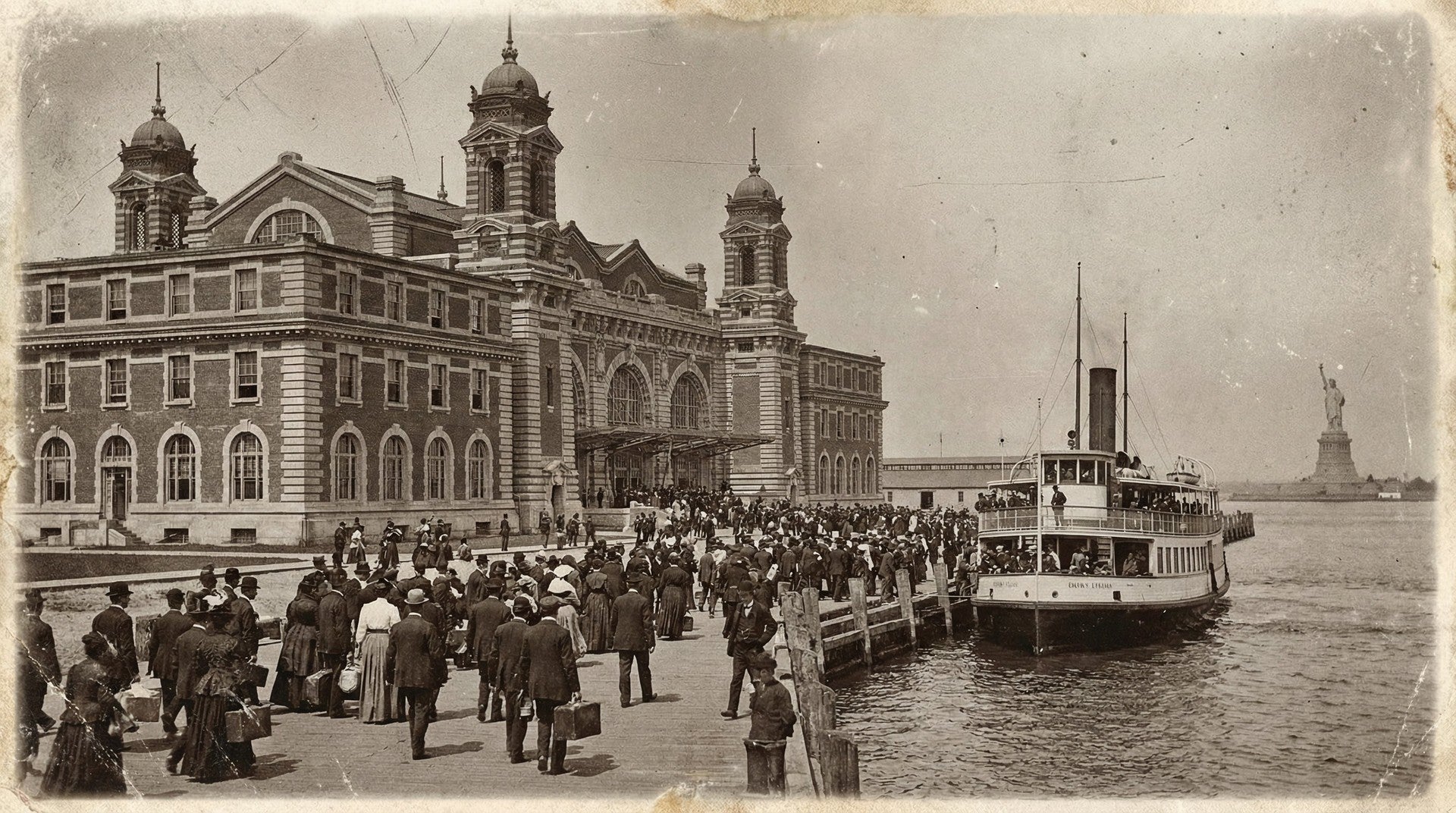 Historical black and white photo of a large building with a crowd on a dock, featuring a ferry and the Statue of Liberty.