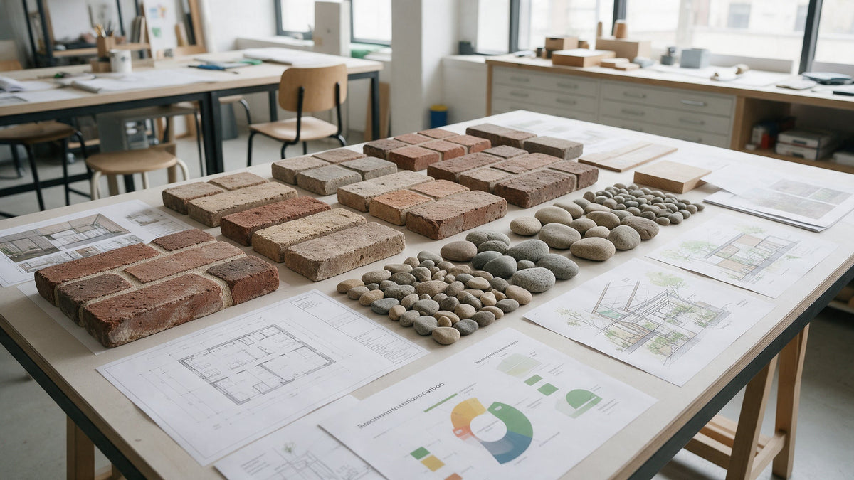 Design table with brick and stone samples laid out beside architectural drawings and a printed pie chart.