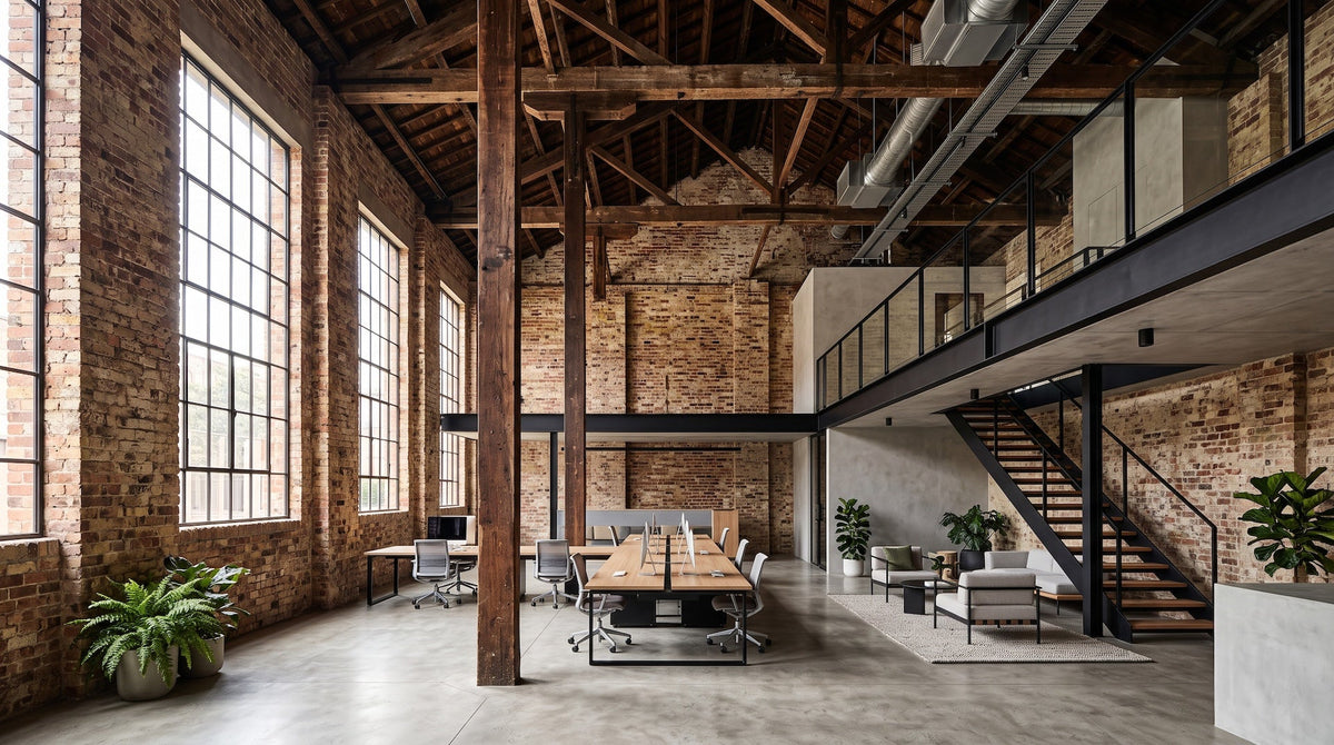 Open-plan office in an old brick warehouse with timber beams, tall steel windows and a black steel mezzanine.