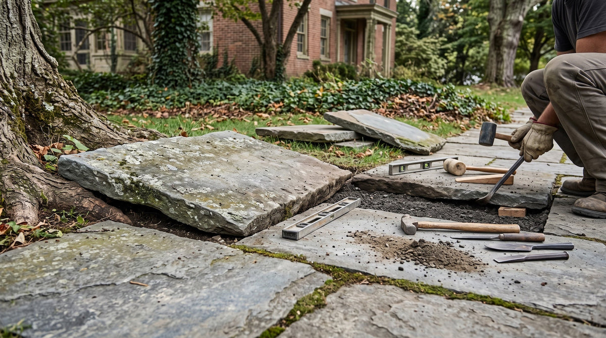 Bluestone sidewalk slabs lifted beside a tree root, with a level, hammer and trowels laid out for resetting.