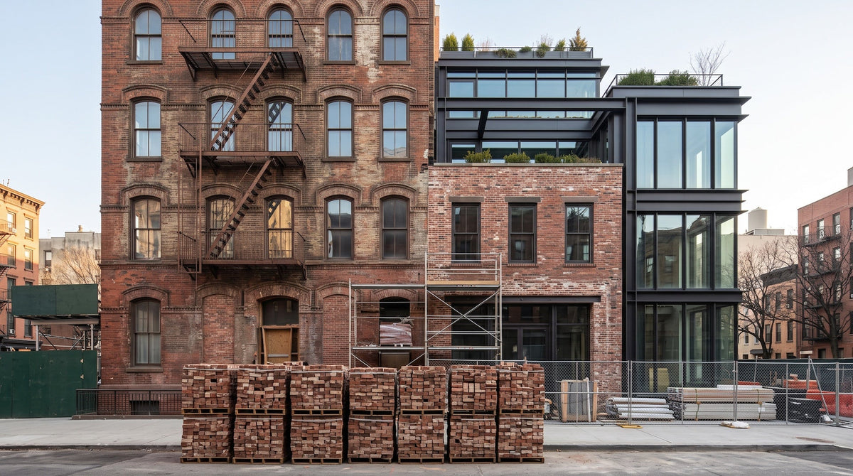 Old brick building with fire escapes beside a modern glass addition, with pallets of brick stacked on the sidewalk.