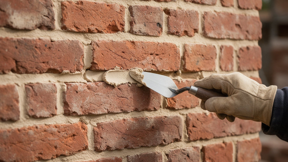 Gloved hand pointing lime mortar into the joints of a reclaimed red brick wall