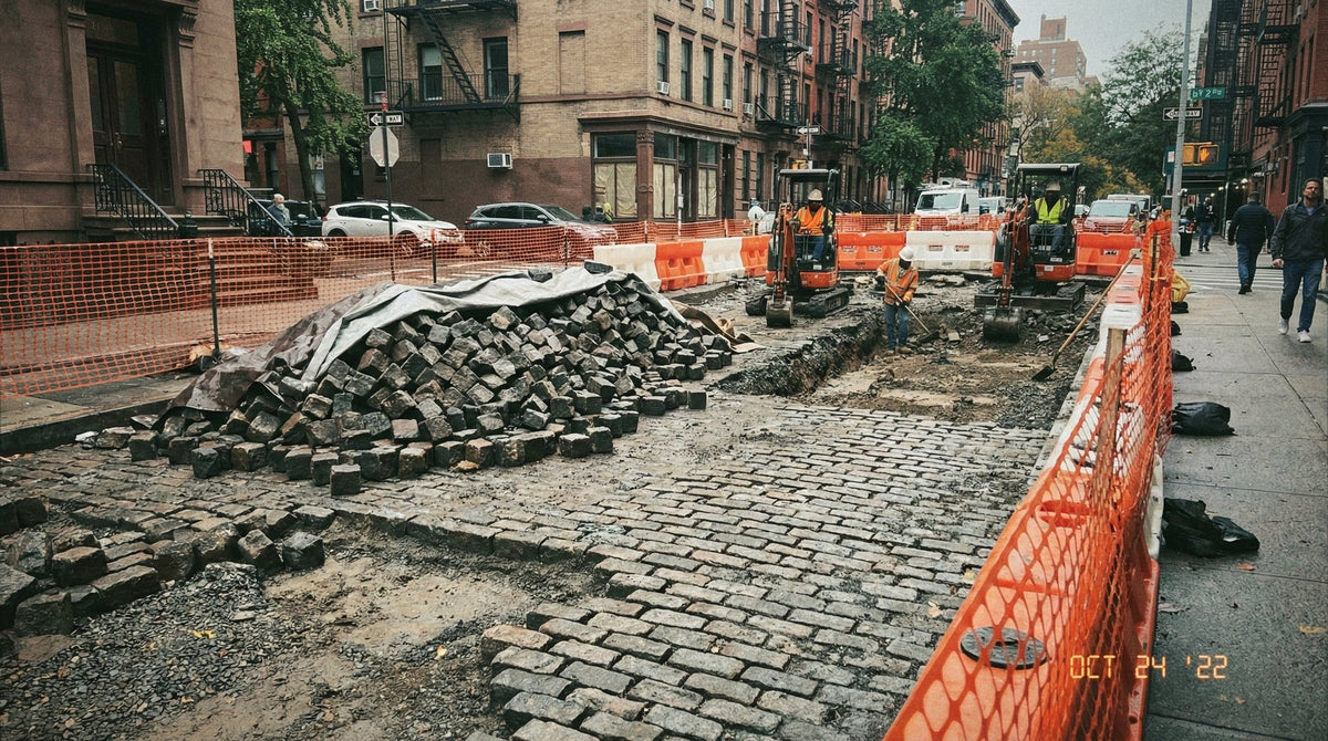 Granite street pavers lifted and stacked during a New York City street reconstruction, ready to be reclaimed