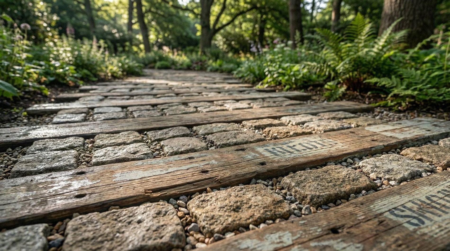 Garden pathway reclaimed cobblestones and wood