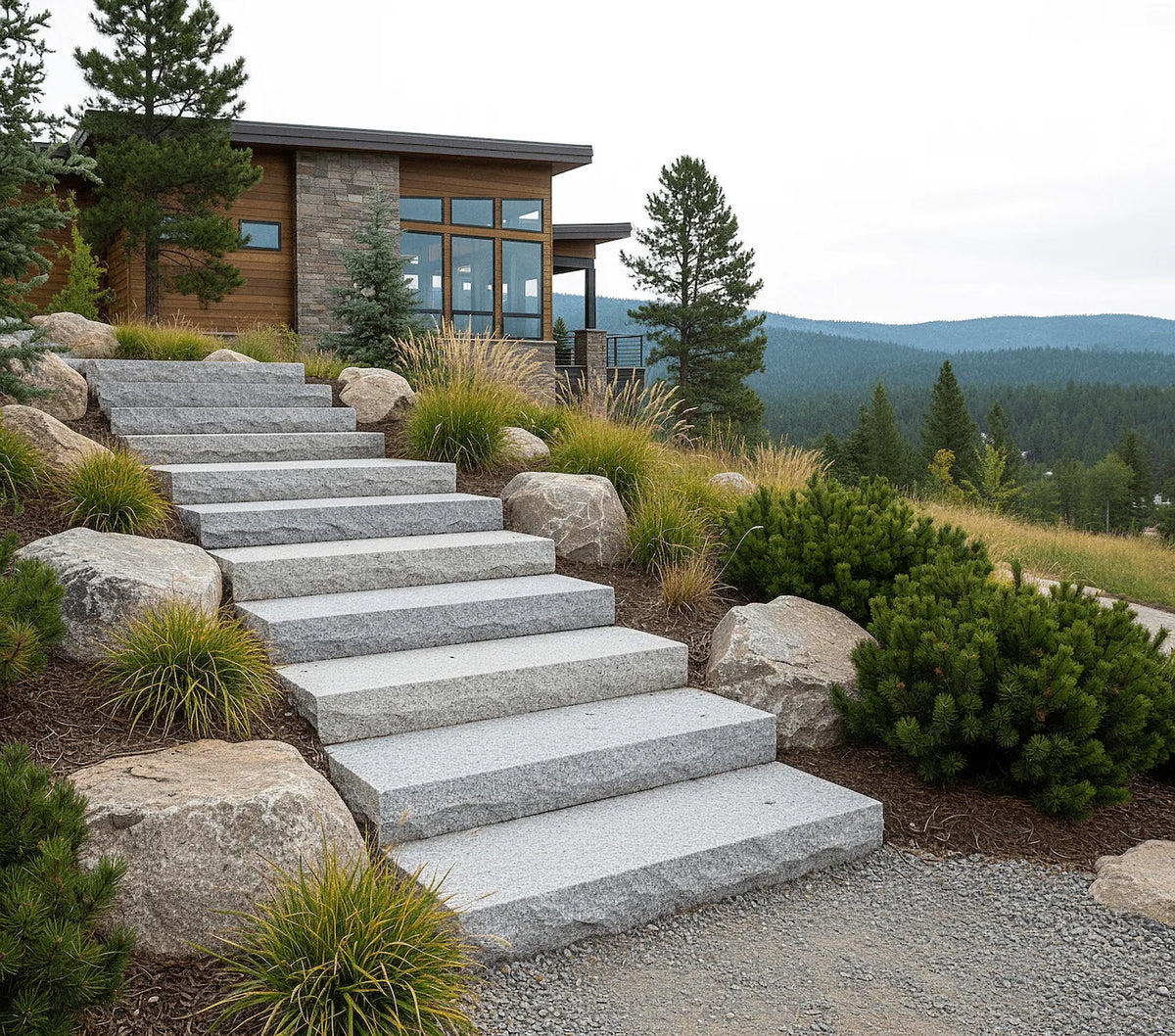 Granite steps and treads with speckled texture for modern landscaping