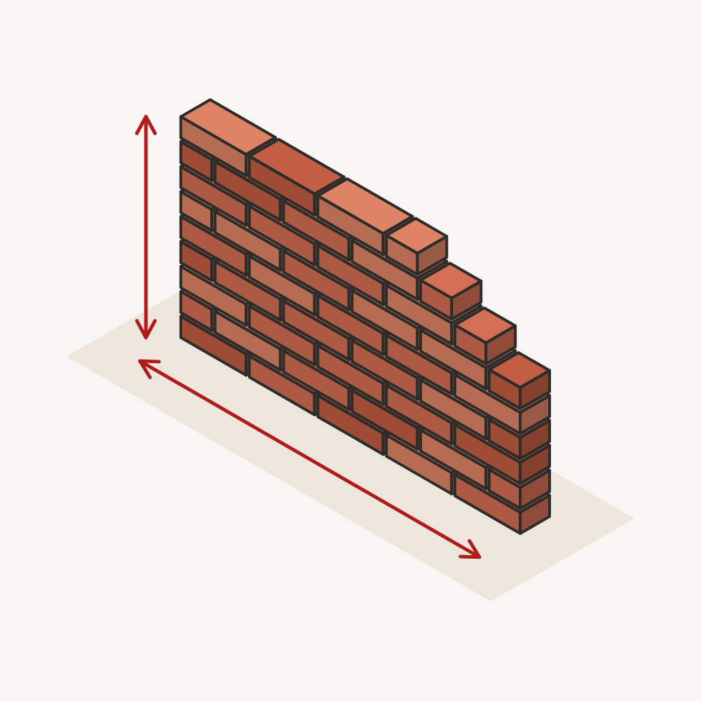 3D drawing of a red brick wall with arrows showing its height and length.