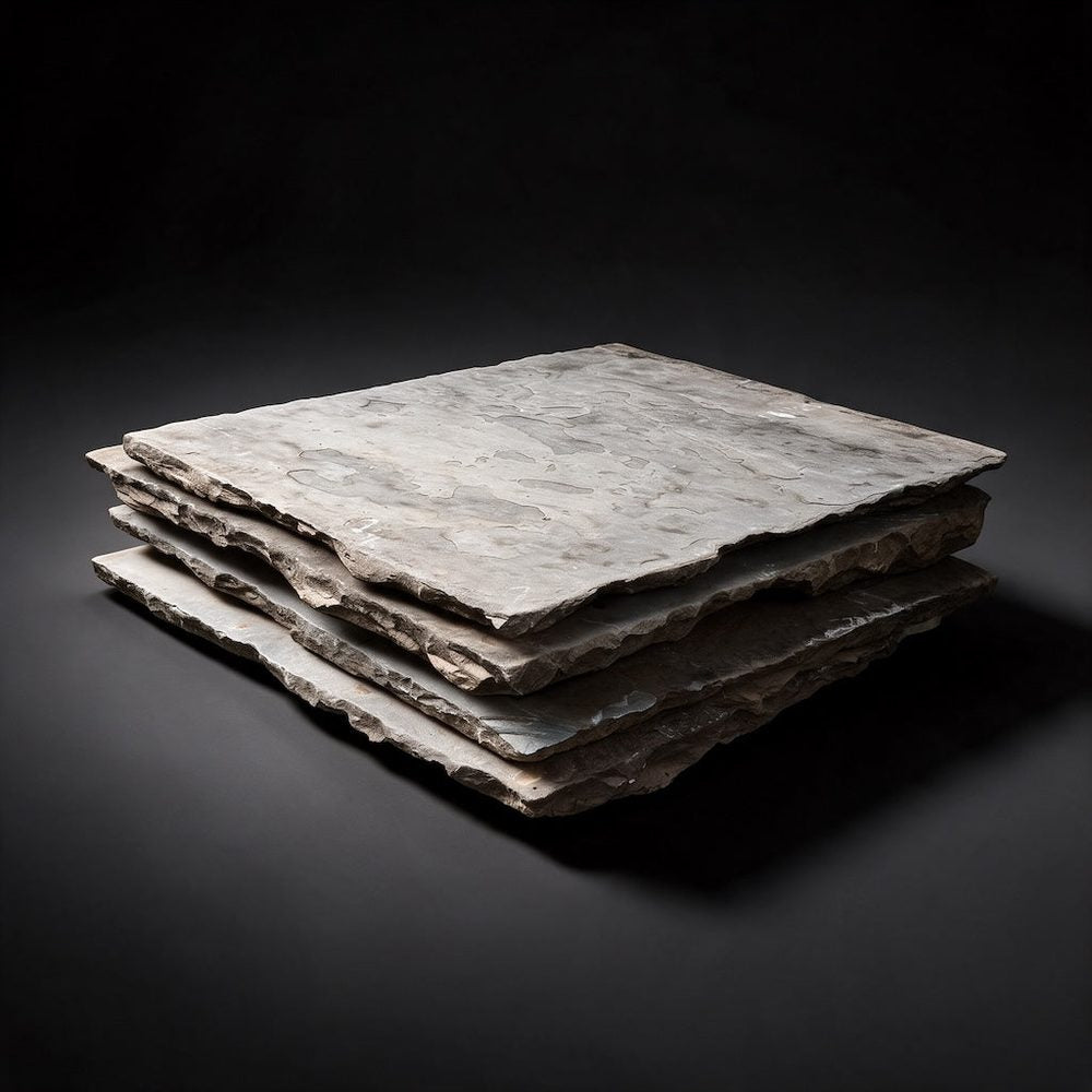 Stack of square reclaimed bluestone tiles with distressed surfaces