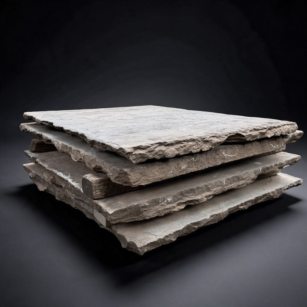 Stack of large bluestone slabs with rough chipped edges and spacers
