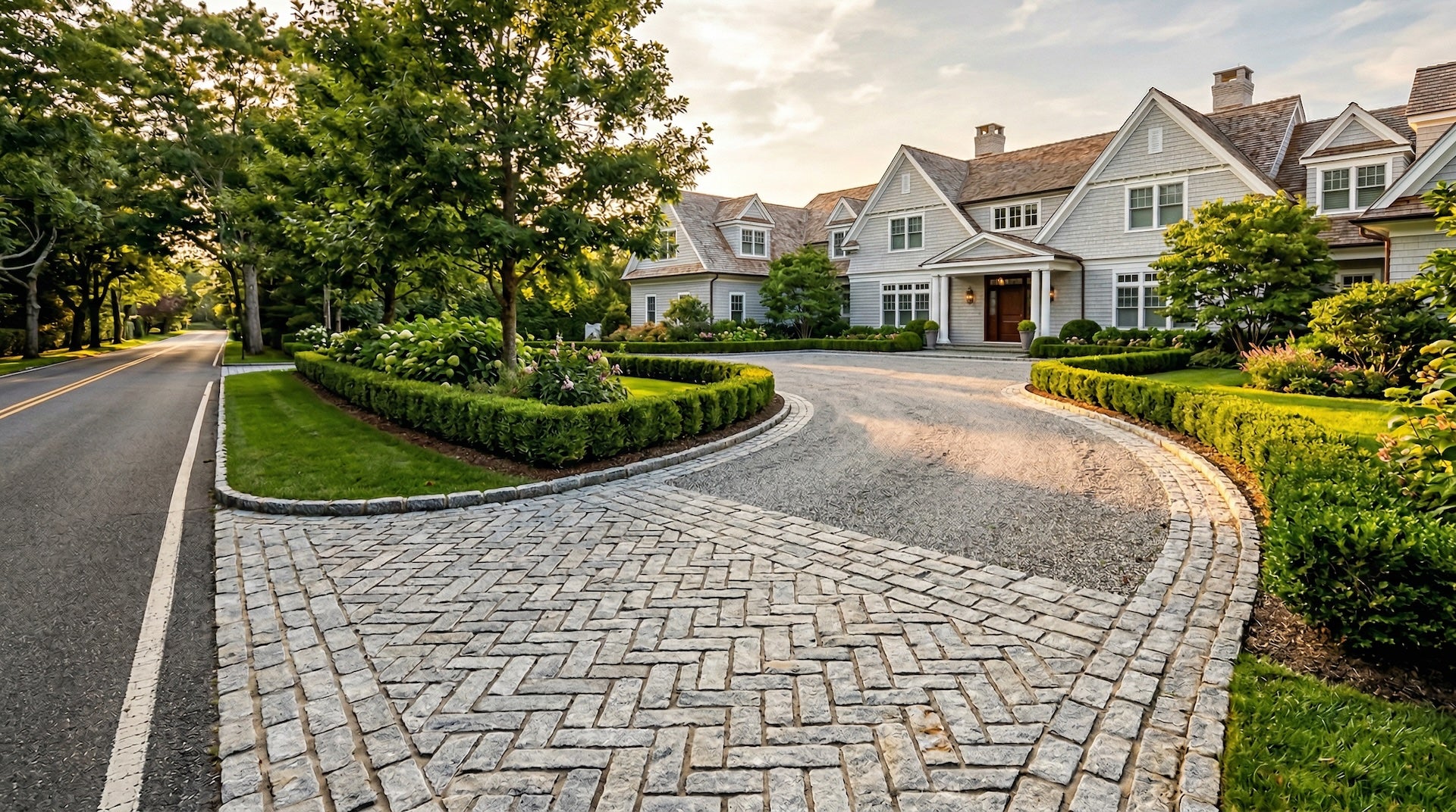 Cobblestone driveway apron leading to a suburban house with well-maintained gardens.