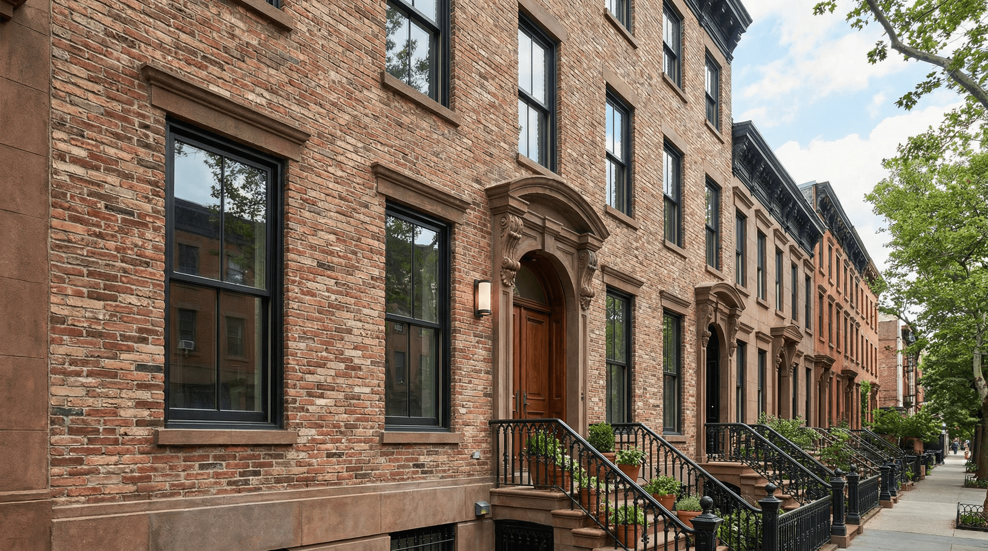 Row of brick townhouses with wooden doors and black railings on a street in an urban neighborhood.
