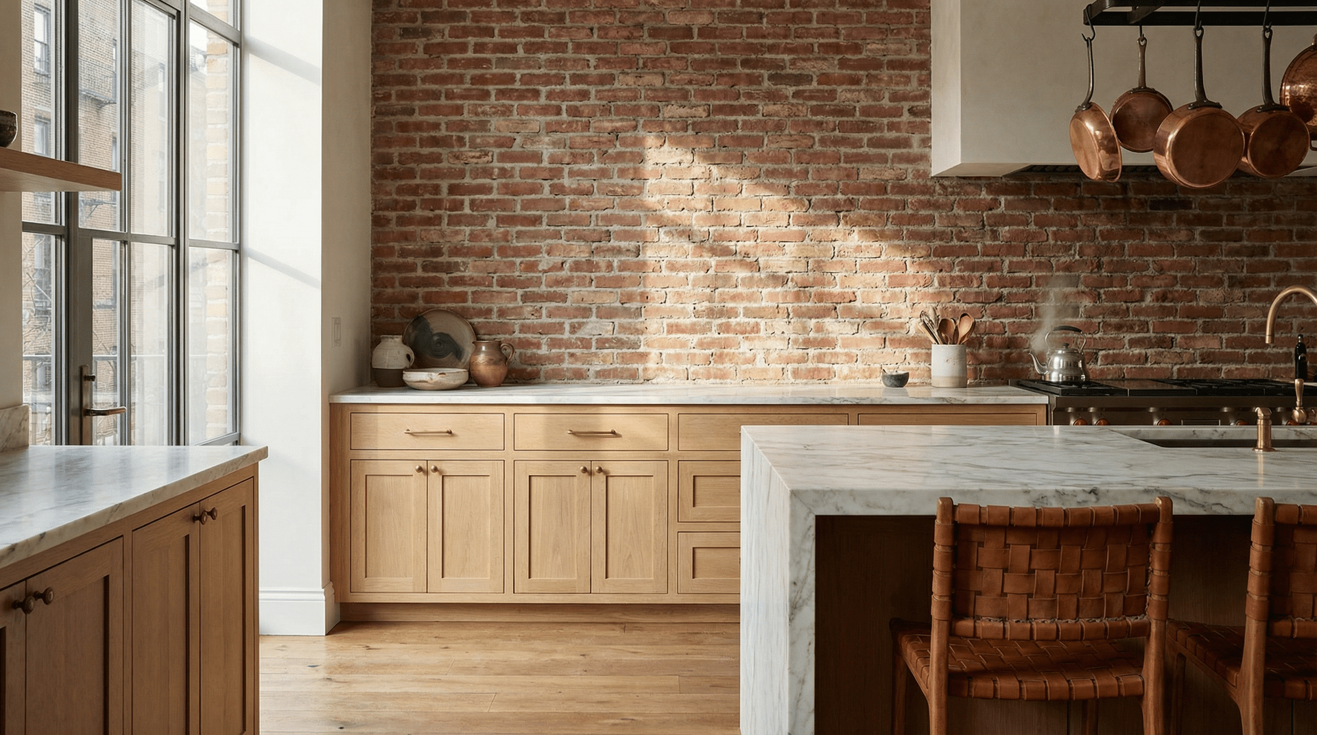Modern kitchen with reclaimed thin brick wall, wooden cabinets, and marble countertops.